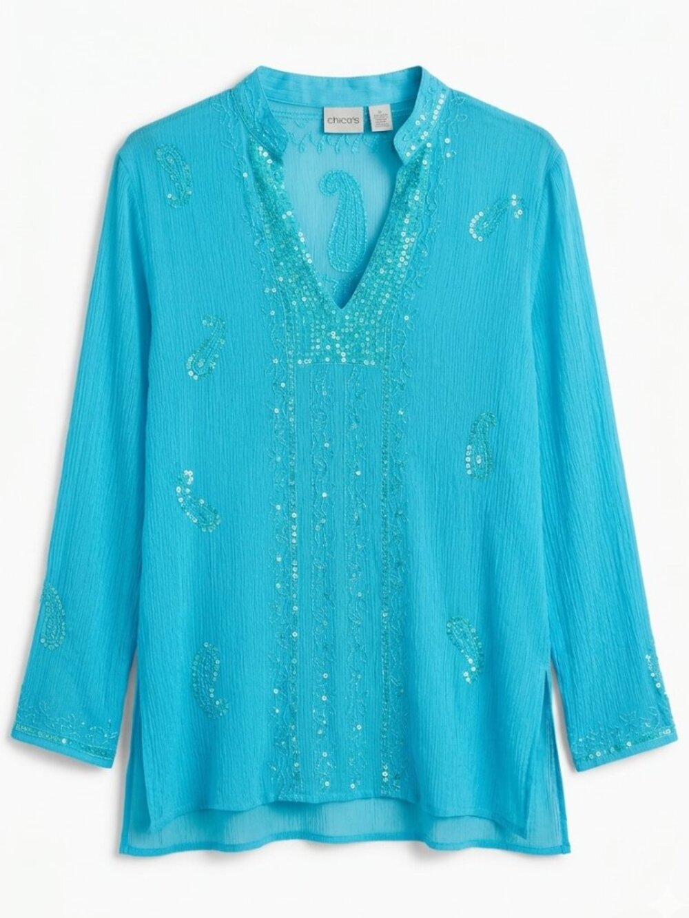 Chico's Silk Embroidered Sequin Paisley Tunic Blouse Aqua Teal Size 1 M